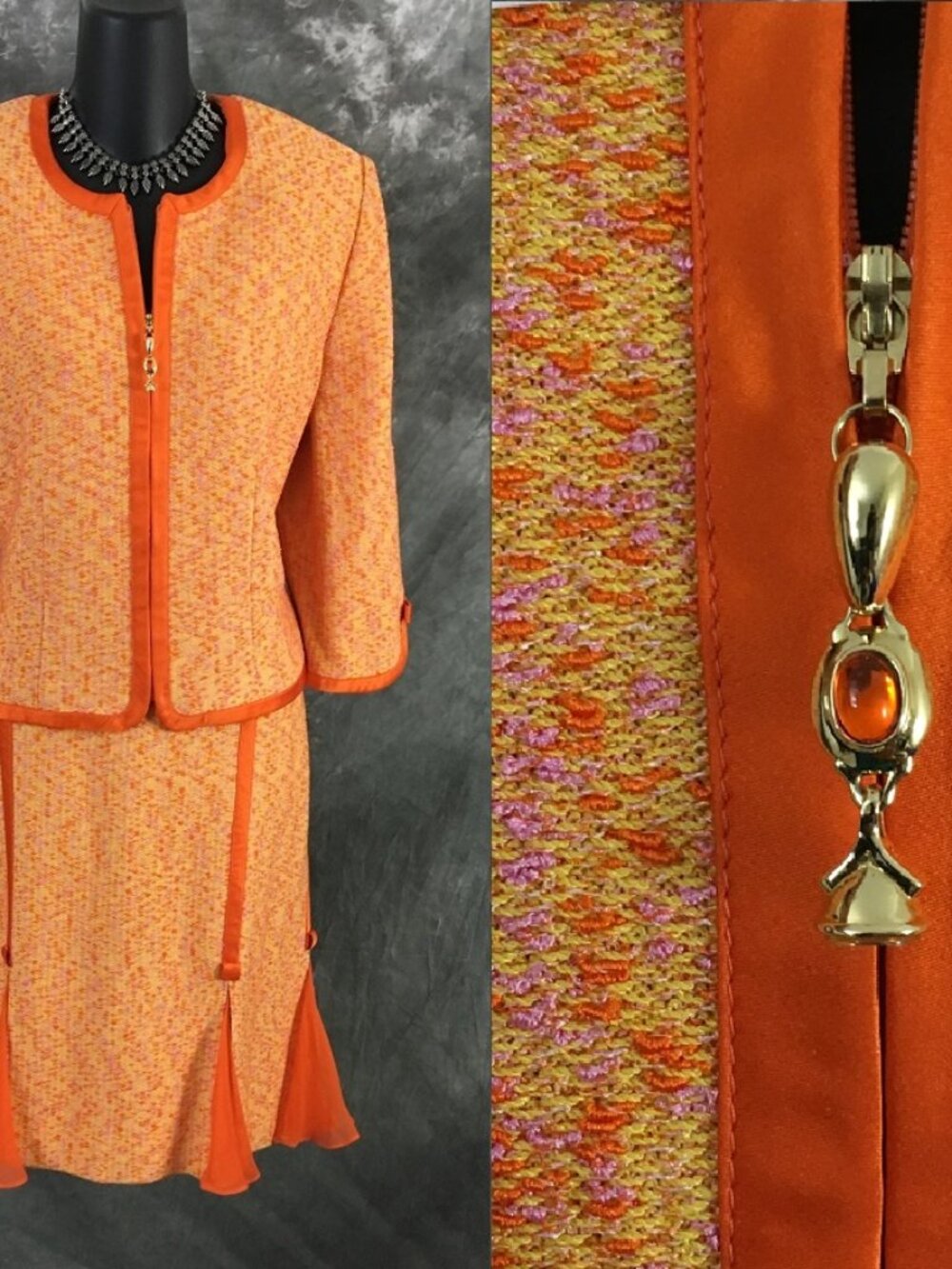 BEAUTIFUL St John couture knit orange multi jacket skirt suit size 10